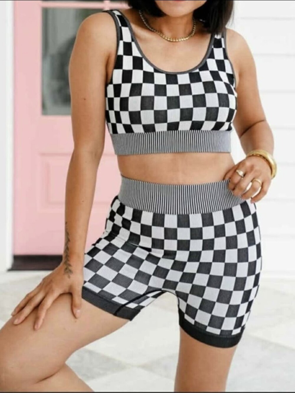 Checkerboard Knit Crop Top & Bike Shorts Set - Black & White